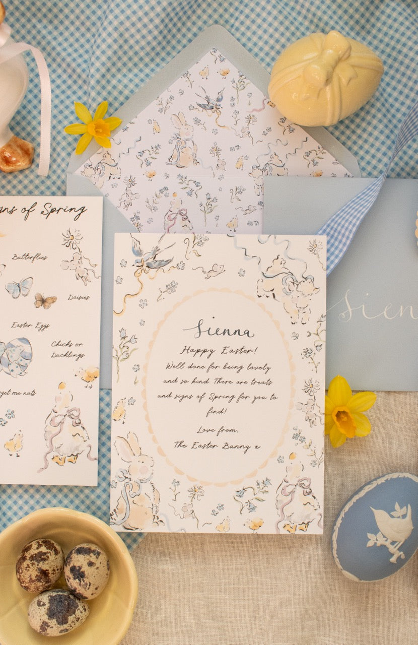 Easter-themed card with decorative elements on a textured surface