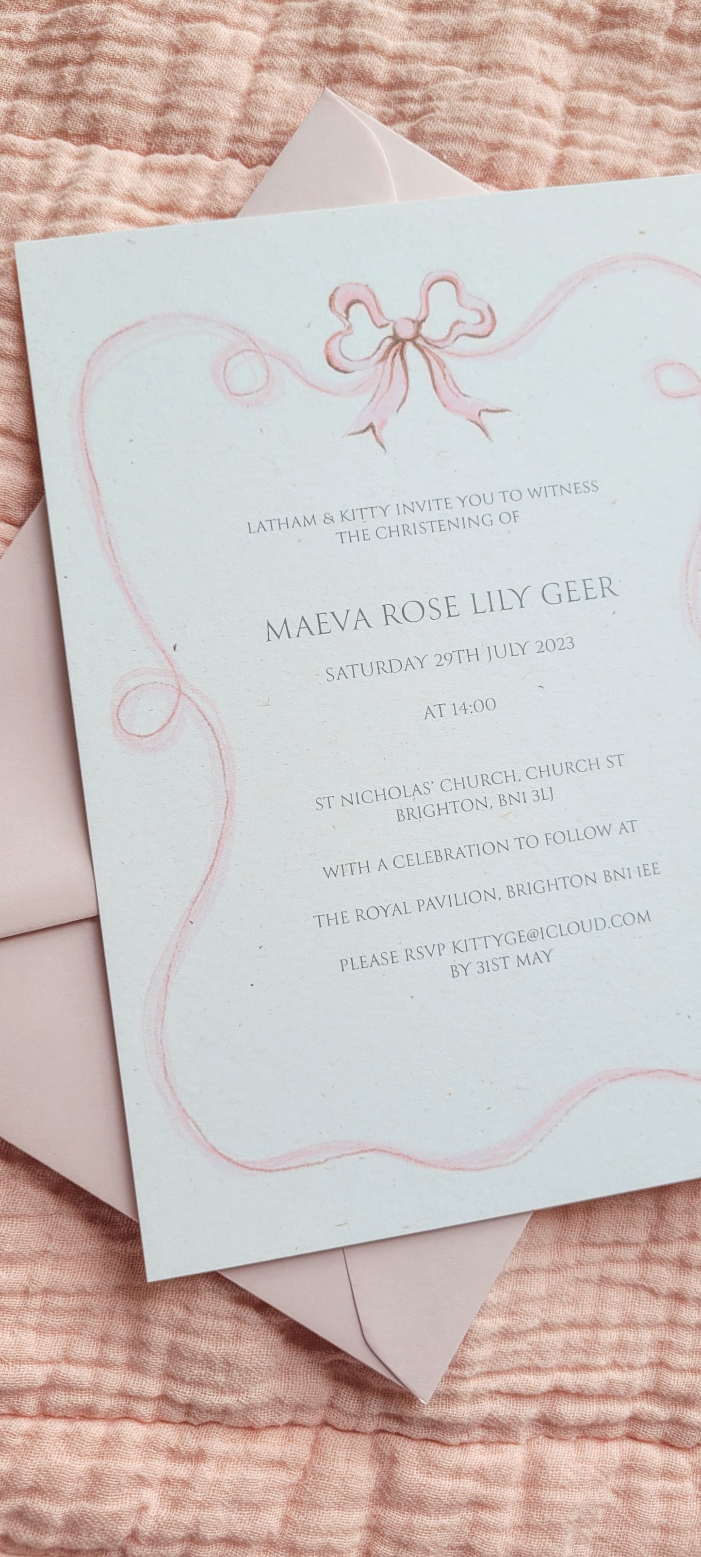 Pink Ribbon Christening Invitation