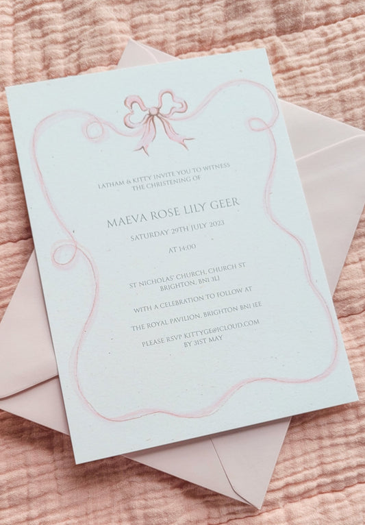 Pink Ribbon Christening Invitation