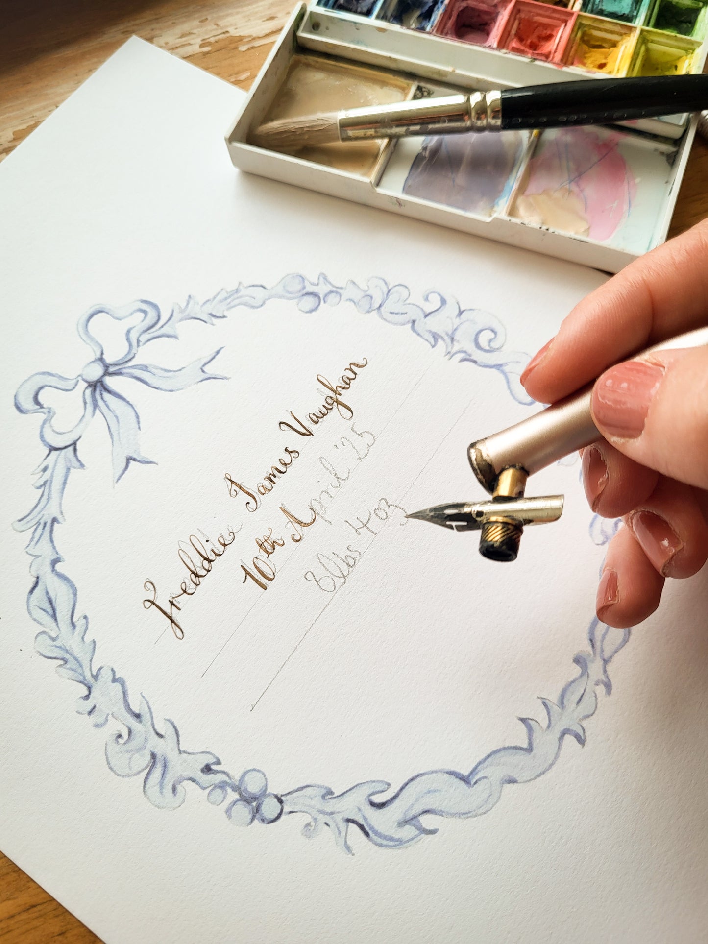 Blue frame Birth print with calligraphy