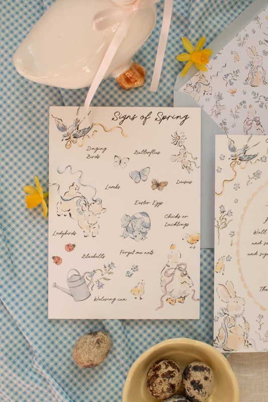 Spring-themed card with illustrations and text on a blue checkered background with decorative elements.