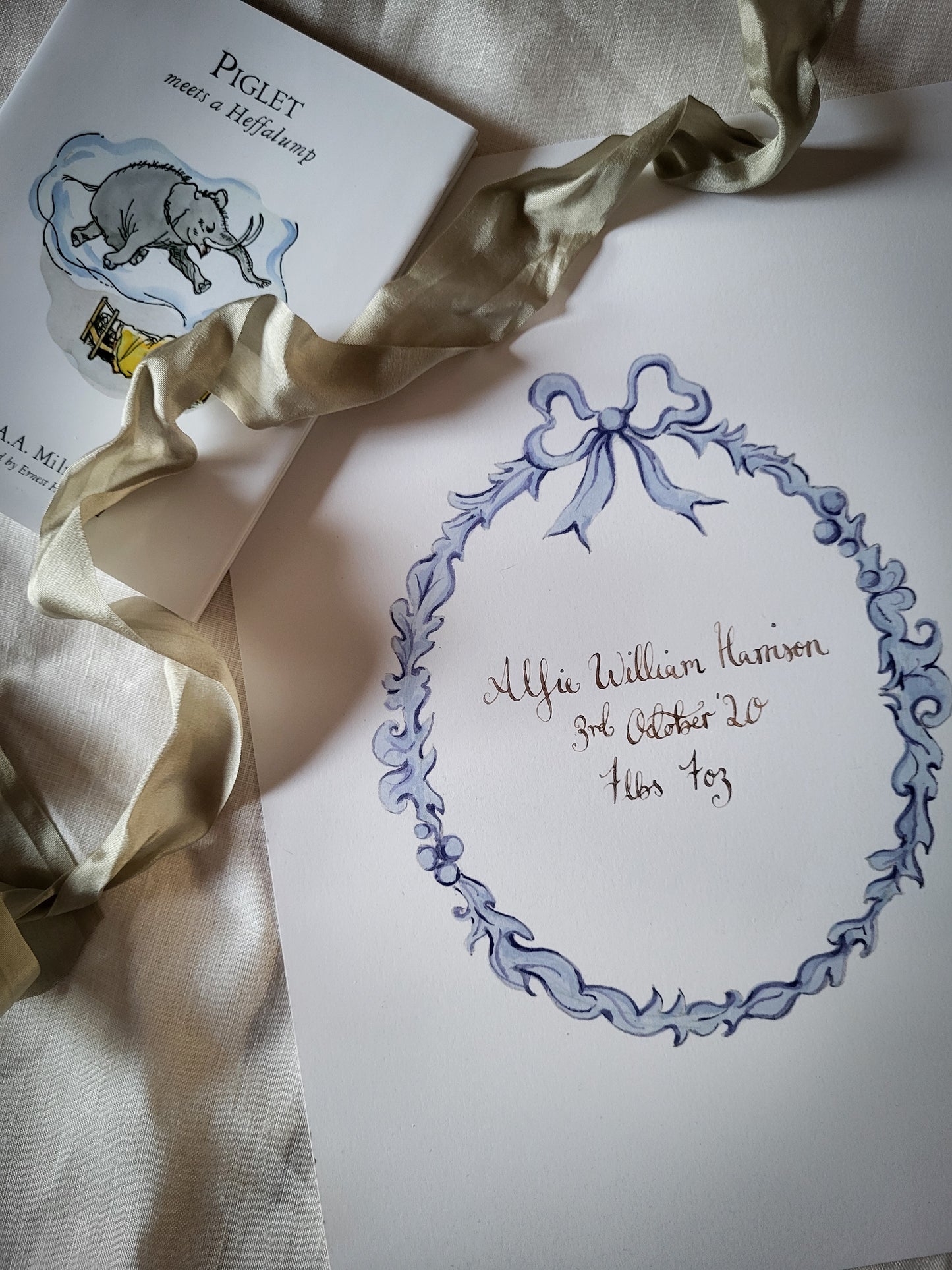 Blue frame Birth print with calligraphy