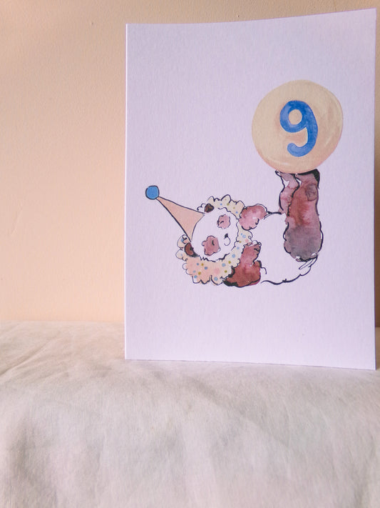 Illustration of a clown with a balloon number 9 on a white background