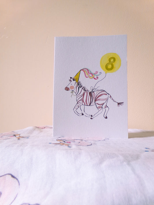 Greeting card with a zebra illustration and number 8 on a light pink background