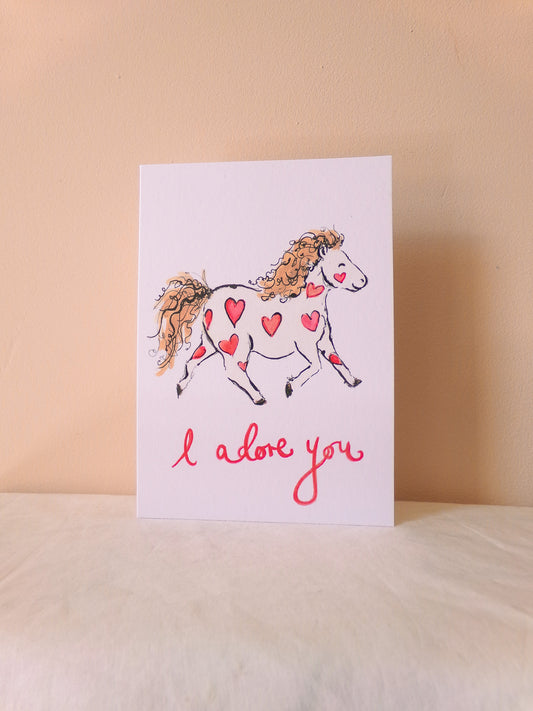 Card with a horse illustration and 'I love you' text on a beige background