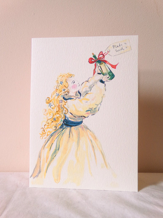 Greeting card with a watercolor illustration of a woman in a yellow dress holding a green hat on a pink background.