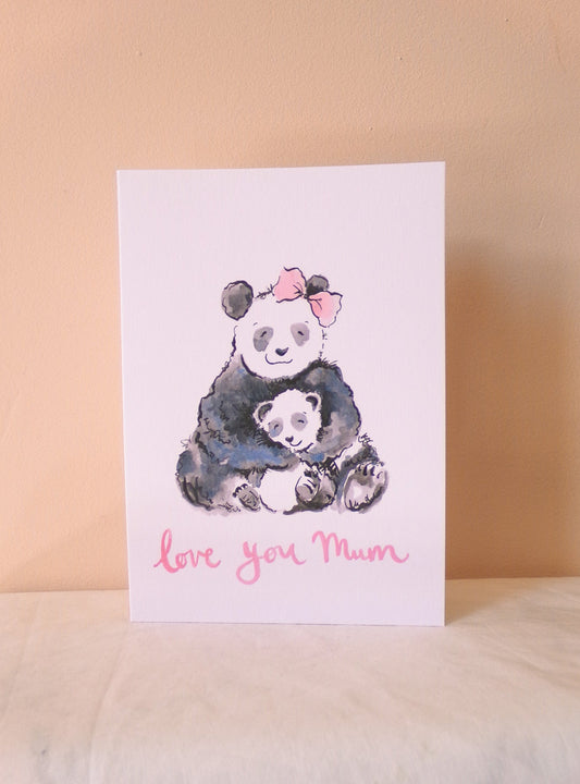 Greeting card with panda illustration and 'love you Mum' text on a beige background